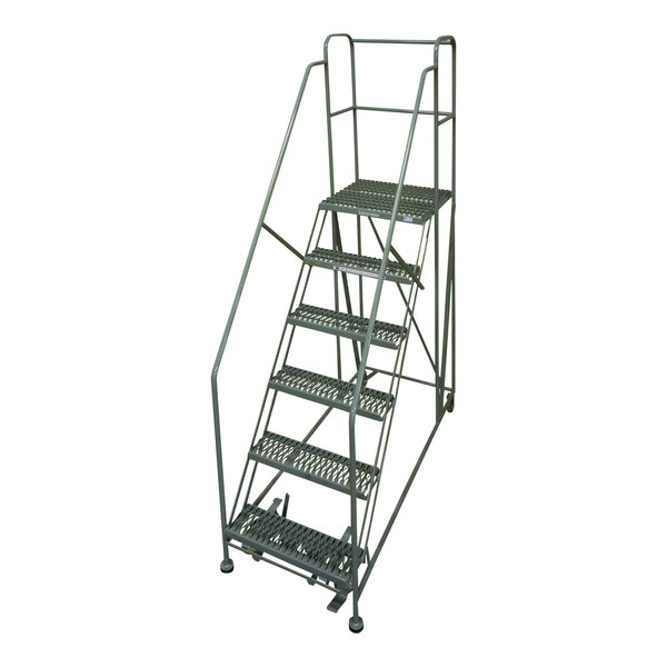 A Cotterman gray powder-coated steel rolling work platform with metal steps and wheels.