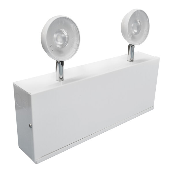 A white rectangular Lavex LED emergency light with two lights on top.