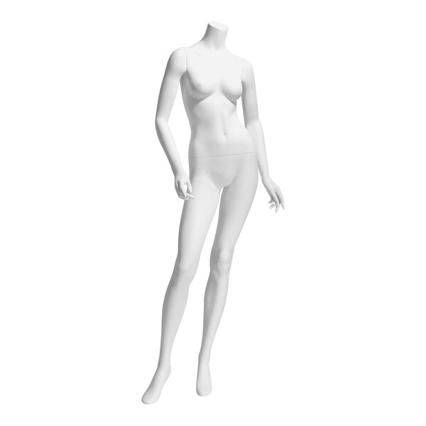 A white Econoco female mannequin with bent arms, turned waist, and right leg forward.