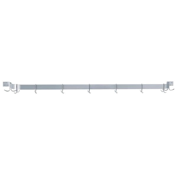 A long stainless steel metal bar with hooks on it.
