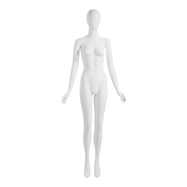 A white female oval head mannequin with arms at sides.