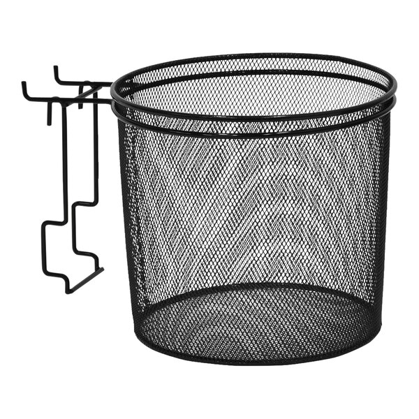 A 9" x 7 1/4" black steel mesh basket with a hook.