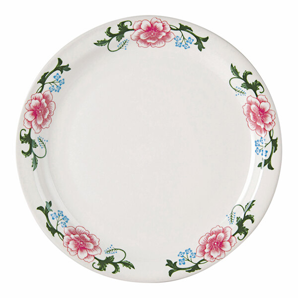 A Tuxton Western Rose china plate with pink flowers on it.