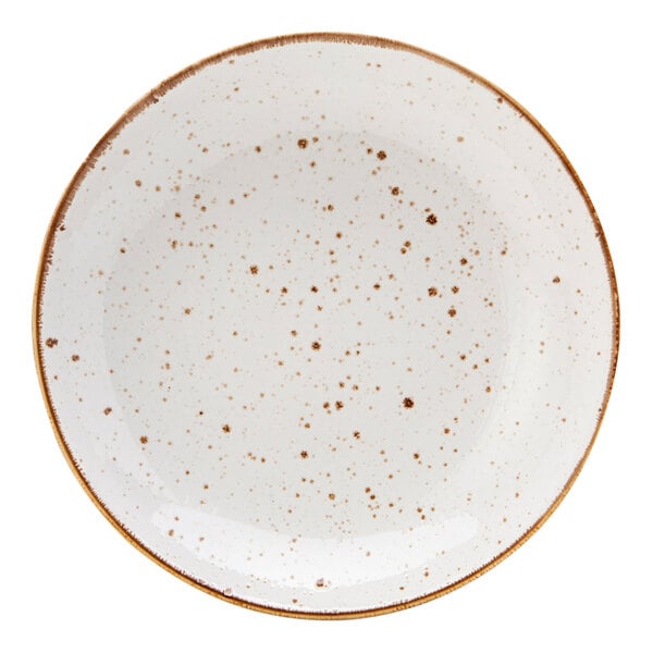 A white china pasta bowl with brown specks.
