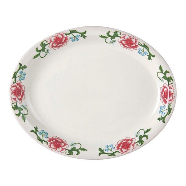 A Tuxton white china oval platter with red flowers on it.