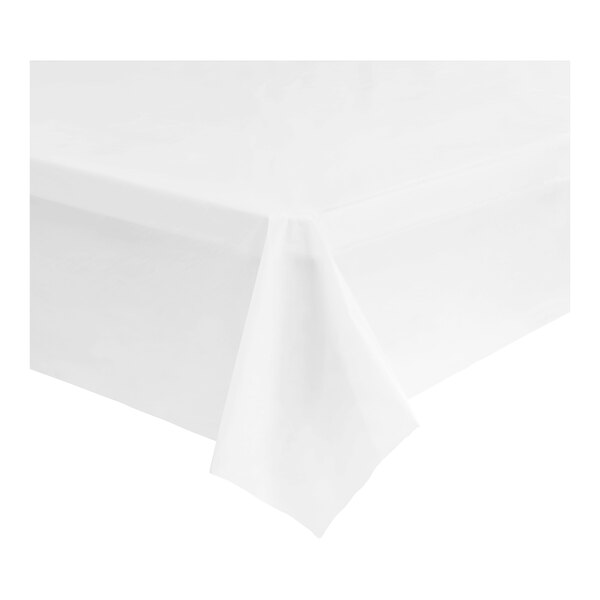 A white plastic table cover roll on a white surface.