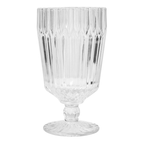 A clear glass goblet with a ribbed bottom.