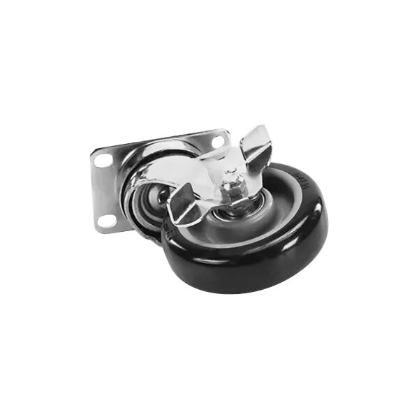 A close-up of a Hatco 4" swivel plate caster with a black and silver wheel and metal base.