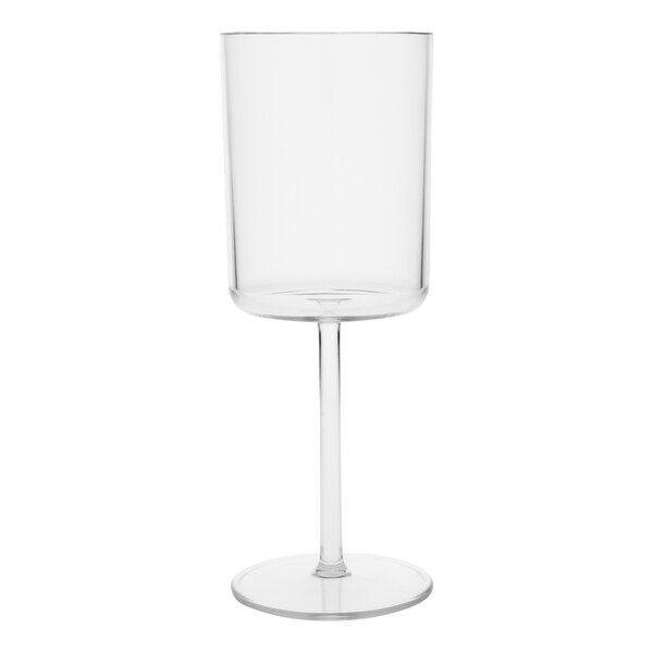 A clear Fortessa Urbo Tritan plastic wine glass with a stem.