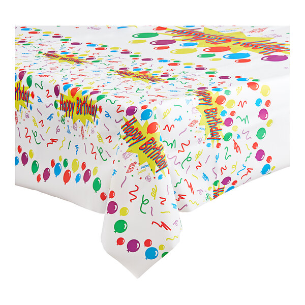 A white Table Mate plastic tablecloth with colorful balloons and confetti designs.