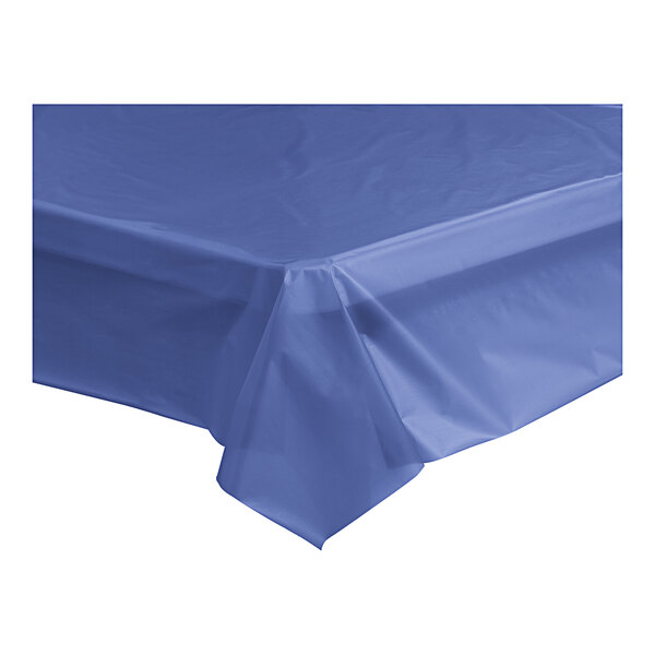 A navy blue plastic table cover on a table.
