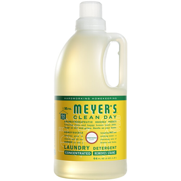 A white Mrs. Meyer's Clean Day laundry detergent jug with a yellow label.