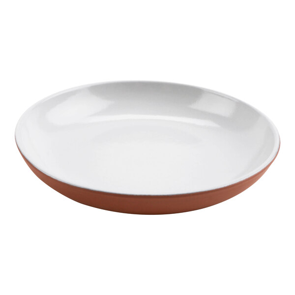 A white terracotta bowl with a brown rim.