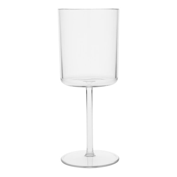 A clear Fortessa Urbo Tritan plastic wine glass with a stem.