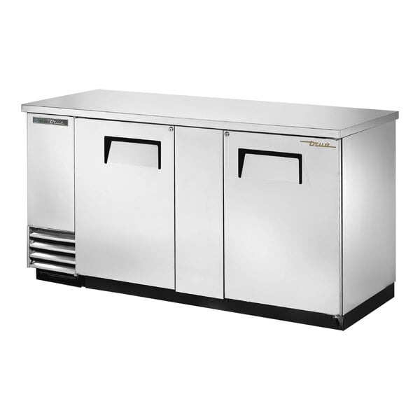 A stainless steel True back bar refrigerator with two solid doors.