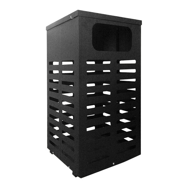 A black rectangular Paris Site Furnishings outdoor waste receptacle with holes in the sides.