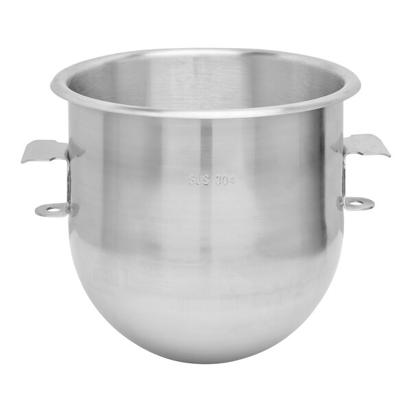 A stainless steel Hobart mixing bowl with two handles.