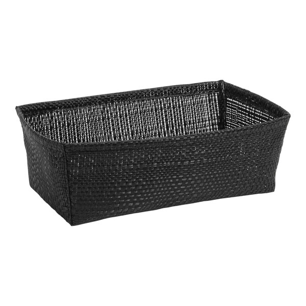 A black basket with a handle and random weave design.
