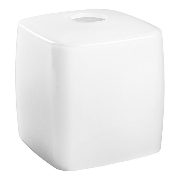 A white square Room360 tissue box cover with a hole in the top.