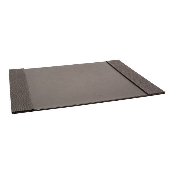 A brown faux pandan desk pad with pockets on a black surface.
