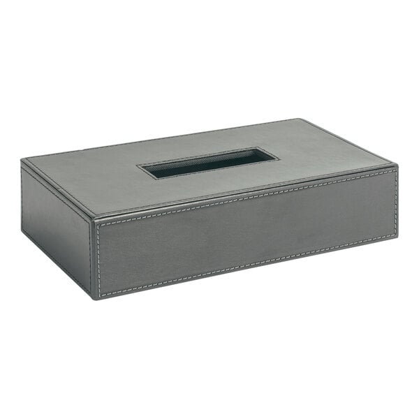 A rectangular Room360 London smoke faux leather tissue box cover in black with a hole for tissues.