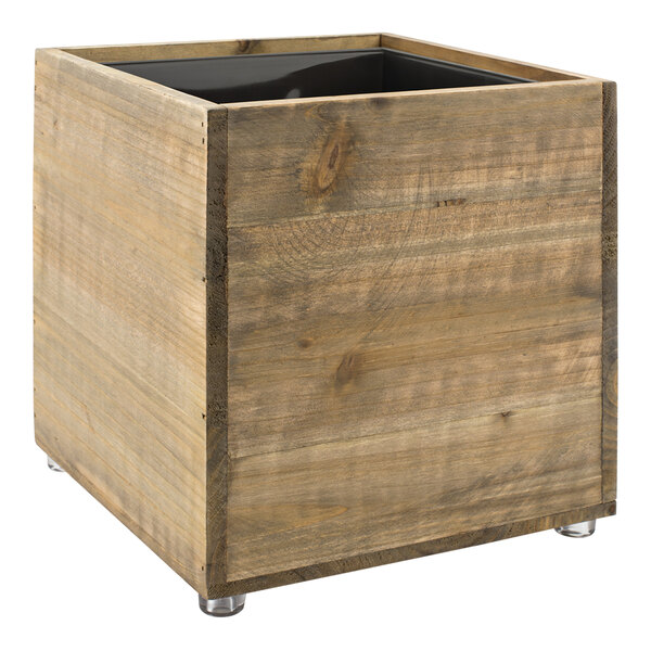 A Room360 rustic wooden wastebasket cube with a black bottom.