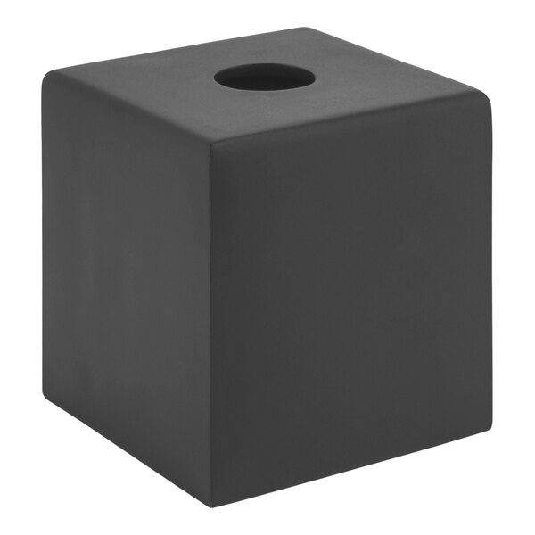 A black square Room360 chocolate tissue box cover with a hole in the top.
