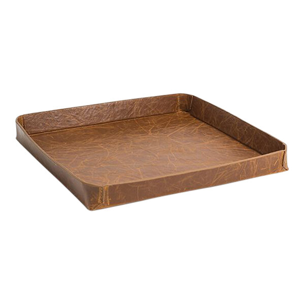 A brown square Room360 faux leather tray with handles.