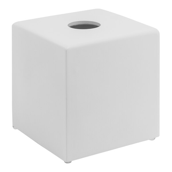 A white square Room360 shell tissue box cover with a hole in the center.