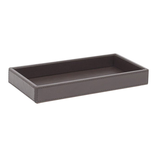 A black rectangular Room360 amenity tray with a dark brown faux leather finish.