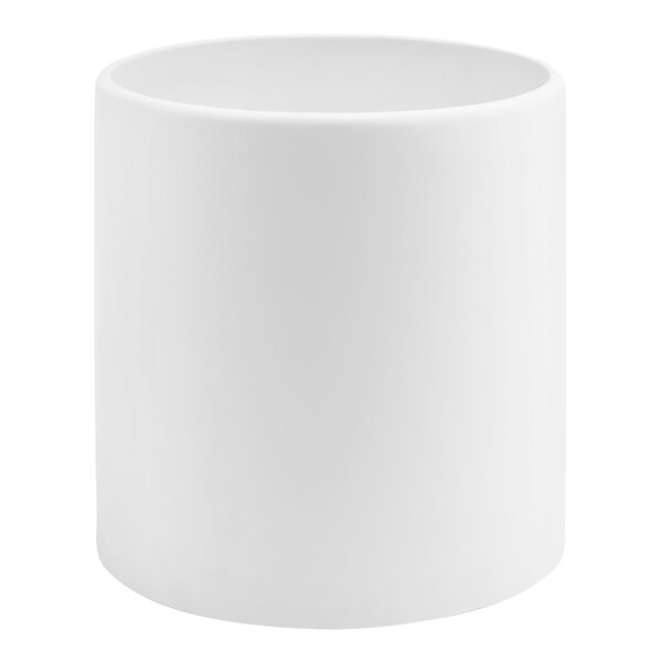 A white cylinder shaped Room360 wastebasket.