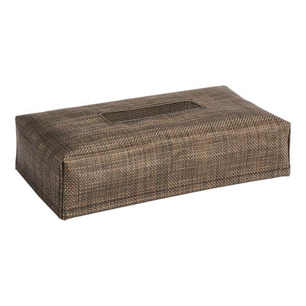 A brown rectangular wicker tissue box cover with a mesh design.