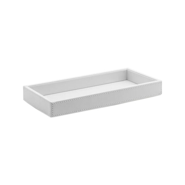 A white rectangular Room360 amenity tray with stitching.