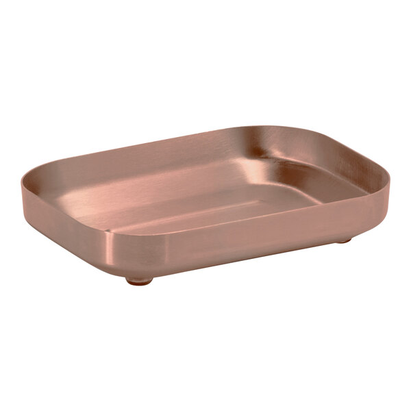 A Room360 rose gold stainless steel soap dish with a copper tray.