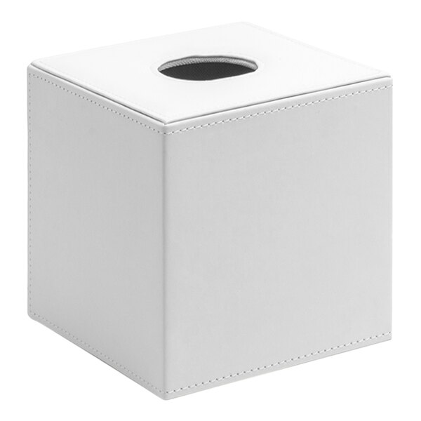 A white faux leather square tissue box cover with a hole in the center.