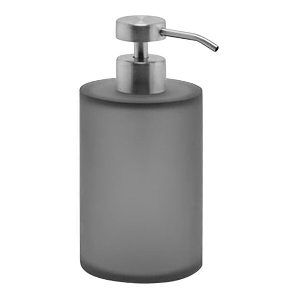 A Room360 Nassau grey soap dispenser with a metal pump.