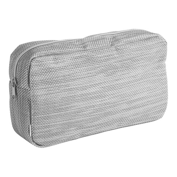 A close-up of a gray and white mesh Front of the House Metroweave amenity bag.