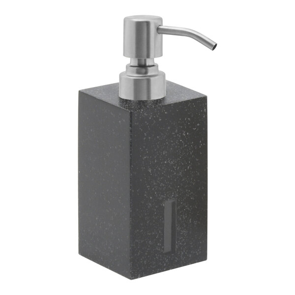 A Room360 black onyx soap dispenser with a brushed stainless pump.