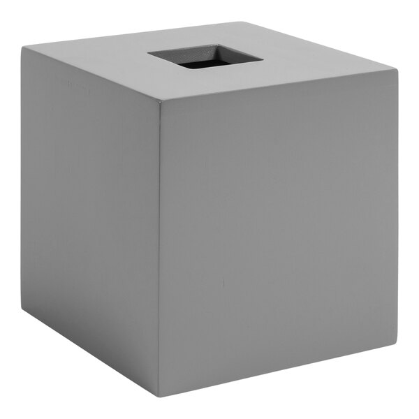 A gray square Room360 Bali bamboo tissue box cover with a hole in the top.
