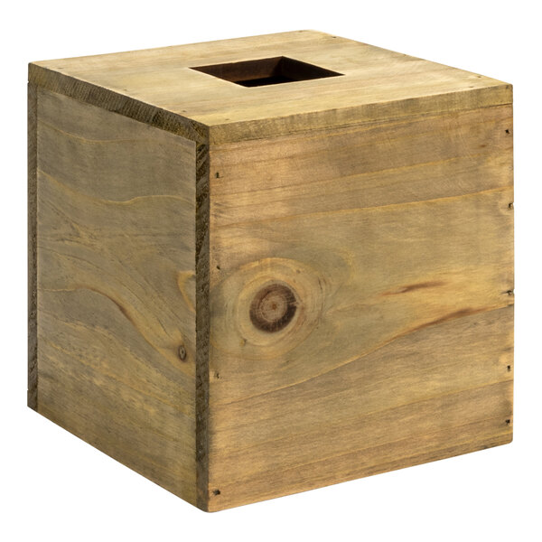 A Room360 rustic wooden square tissue box cover on a table.