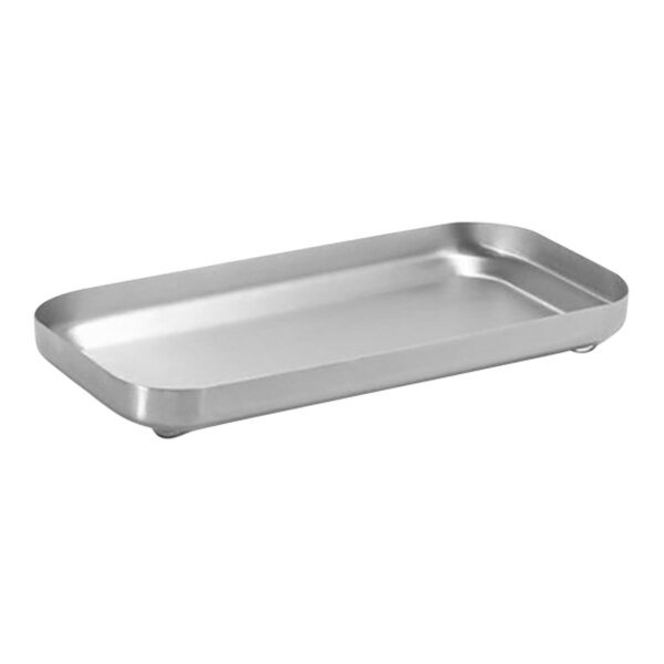 A silver brushed stainless steel rectangular tray with handles.