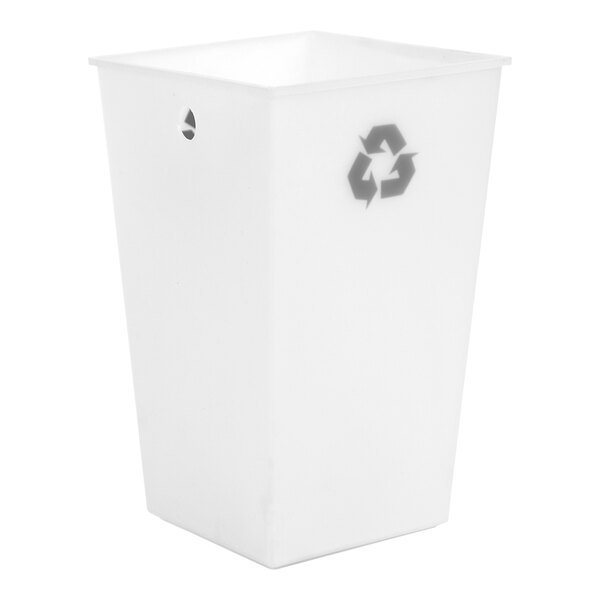 A white polypropylene wastebasket liner with a black recycle symbol on the front.