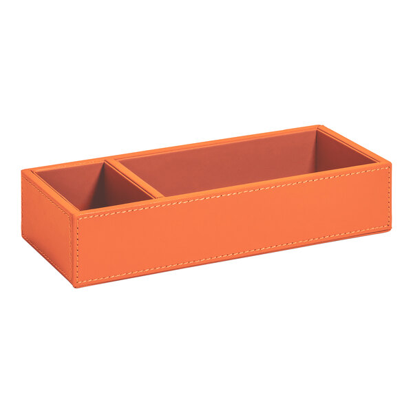A persimmon faux leather rectangular organizer with two compartments.