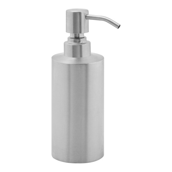 A Room360 brushed silver stainless steel soap dispenser with a brushed stainless top.