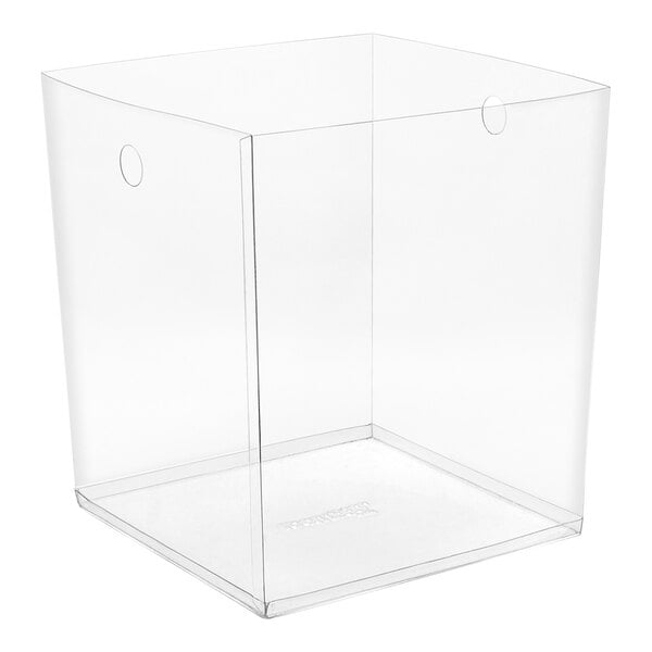 A clear PVC cube with a handle on it.