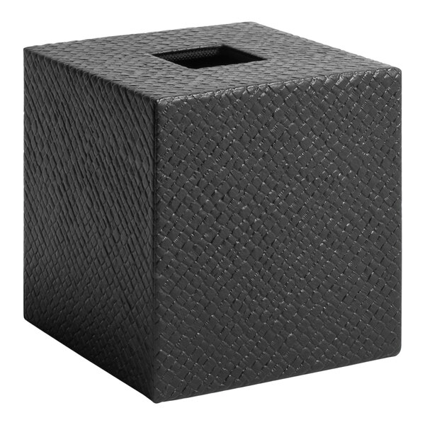 A black Room360 faux pandan square tissue box cover with a lid.