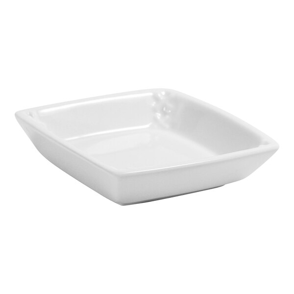 A white square Room360 porcelain soap dish with a small handle.