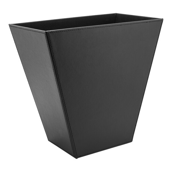 A black rectangular Room360 London faux leather wastebasket with a thin edge.
