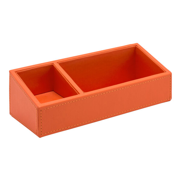 An orange faux leather box with two compartments.