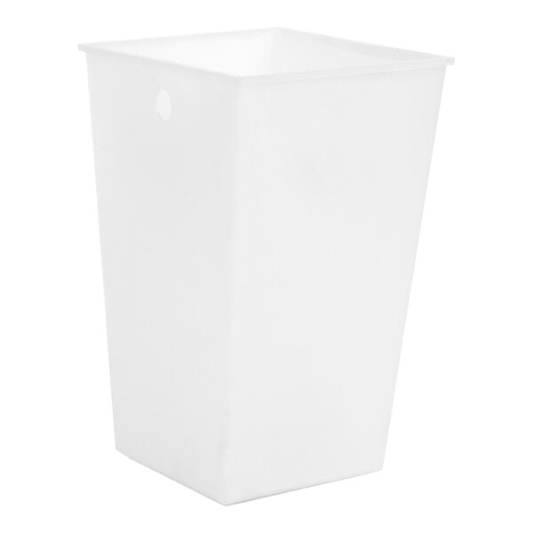 A white polypropylene container with a black recycling label on it.